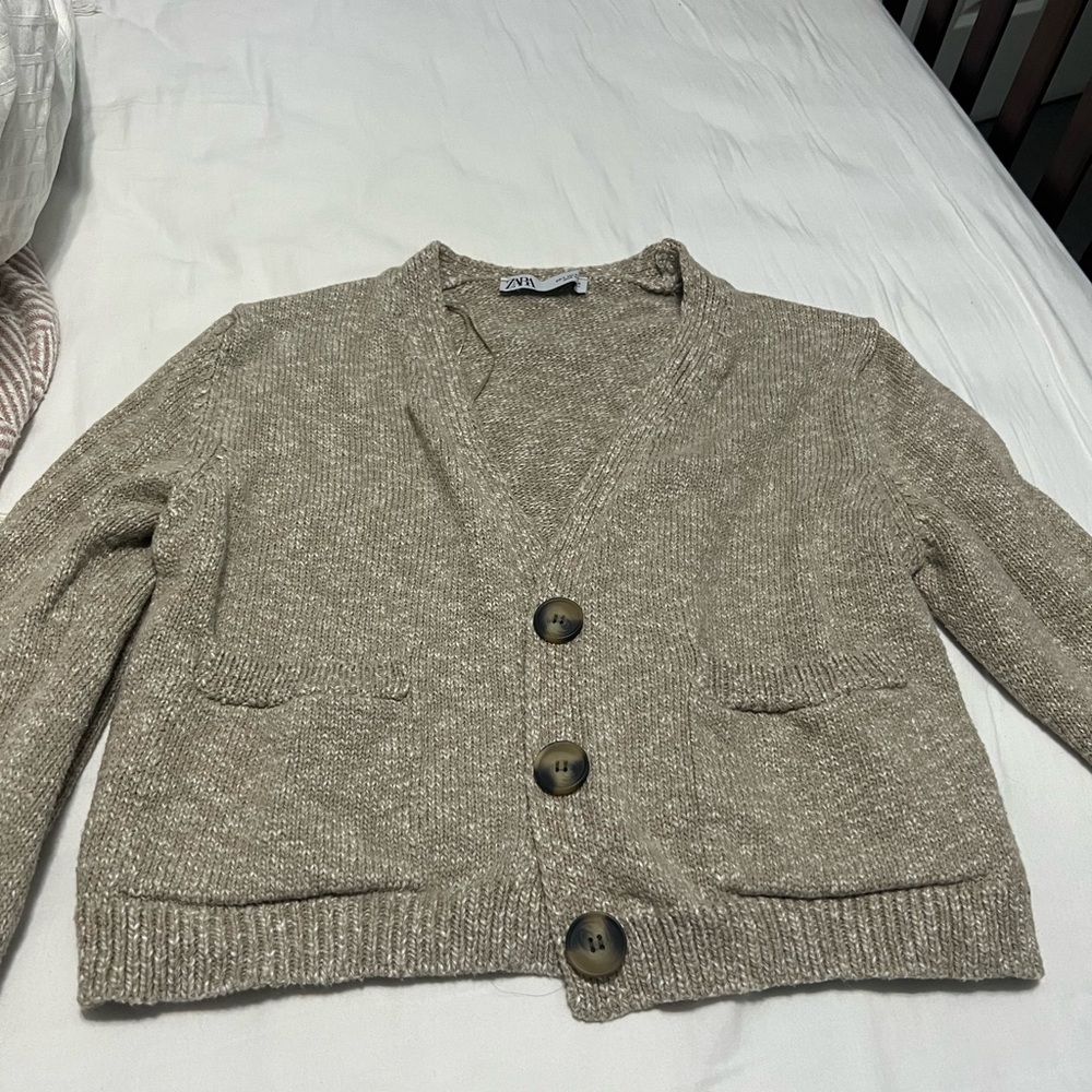 Zara Tan Knit Cropped Cardigan